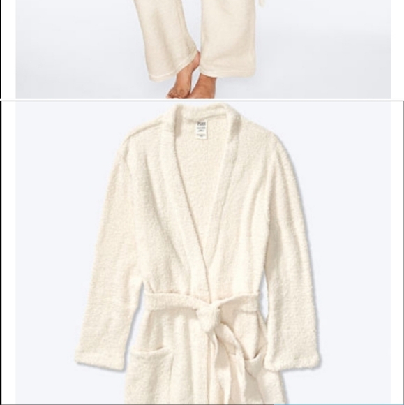 Victoria's secret pink fuzzy loungewear sets. top, pants, and robe xs cream - Picture 2 of 2